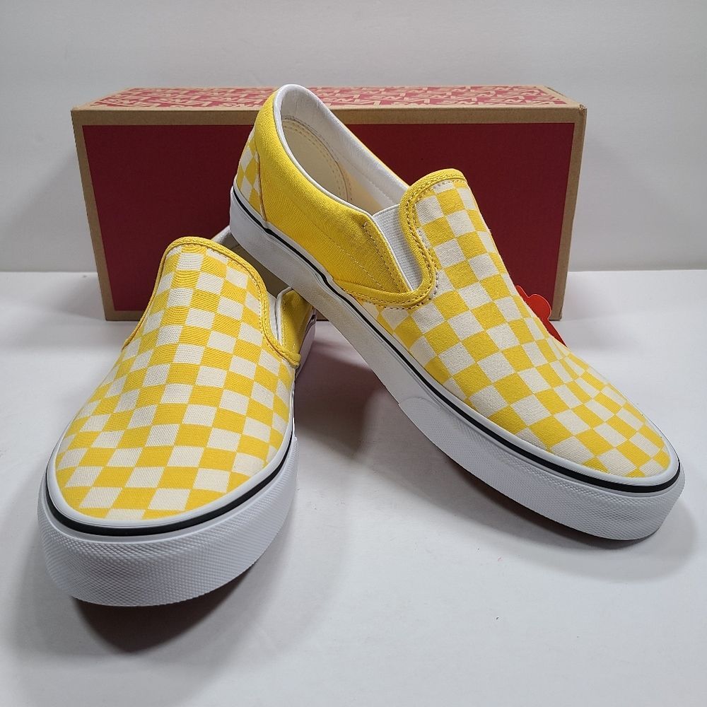 Vans Classic Slip-On Cyber Yellow White Checkerboard Skate Shoe Sneakers Men 11